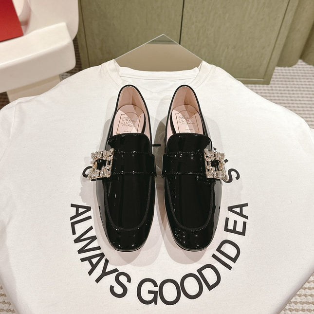 MINI BROCHE VIVIER BUCKLE LOAFERS IN BLACK PATENT CALFSKIN