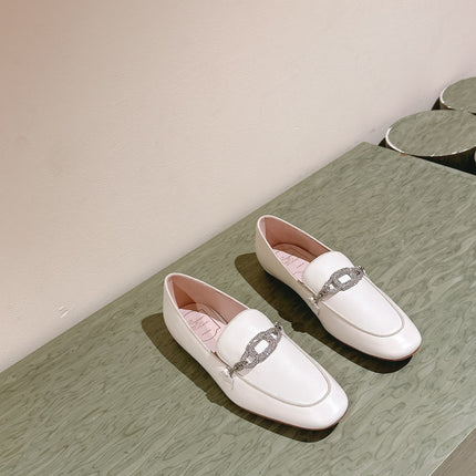 STRASS CHAIN LOAFERS IN WHITE CALFSKIN WITH CRYSTAL CHAIN DETAIL