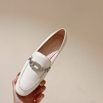 STRASS CHAIN LOAFERS IN WHITE CALFSKIN WITH CRYSTAL CHAIN DETAIL