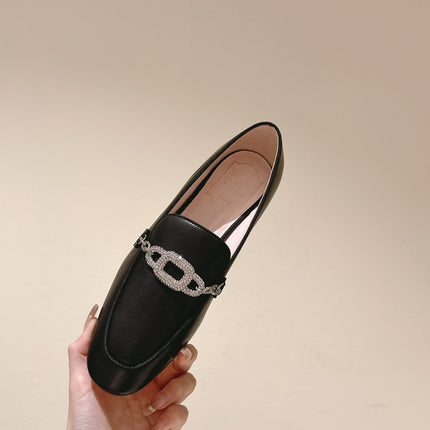 STRASS CHAIN LOAFERS IN BLACK CALFSKIN WITH CRYSTAL CHAIN DETAIL