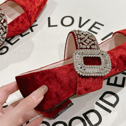 MARY JANES IN RED VELVET WITH CRYSTAL EMBELLISHED STRAP