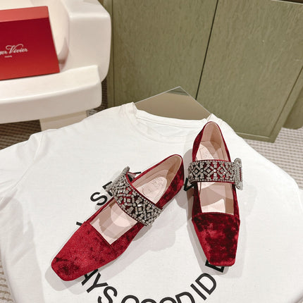 MARY JANES IN RED VELVET WITH CRYSTAL EMBELLISHED STRAP