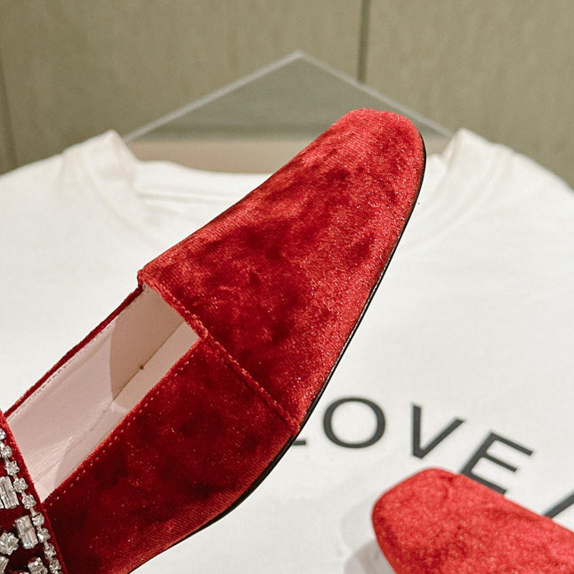 MARY JANES IN RED VELVET WITH CRYSTAL EMBELLISHED STRAP