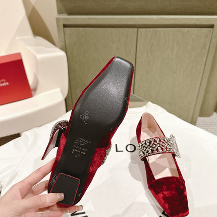 MARY JANES IN RED VELVET WITH CRYSTAL EMBELLISHED STRAP