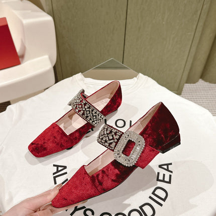 MARY JANES IN RED VELVET WITH CRYSTAL EMBELLISHED STRAP