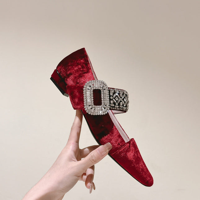 MARY JANES IN RED VELVET WITH CRYSTAL EMBELLISHED STRAP