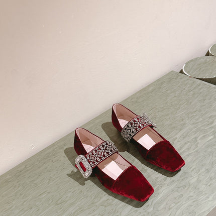 MARY JANES IN RED VELVET WITH CRYSTAL EMBELLISHED STRAP