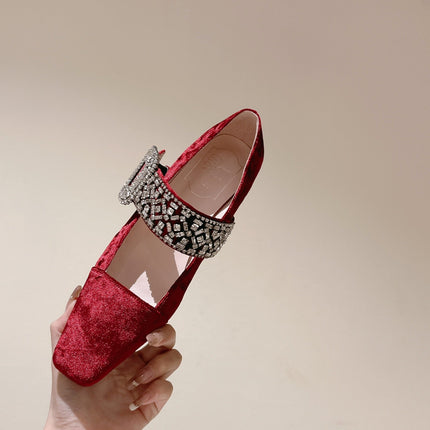 MARY JANES IN RED VELVET WITH CRYSTAL EMBELLISHED STRAP
