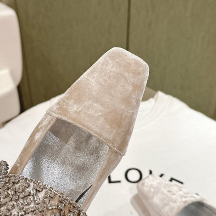 MARY JANES IN BEIGE VELVET WITH CRYSTAL EMBELLISHED STRAP