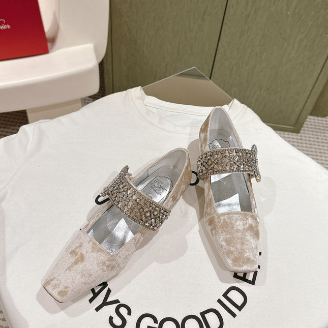 MARY JANES IN BEIGE VELVET WITH CRYSTAL EMBELLISHED STRAP