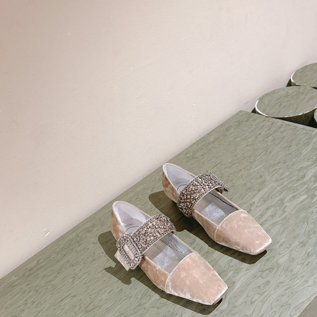 MARY JANES IN BEIGE VELVET WITH CRYSTAL EMBELLISHED STRAP