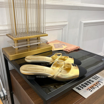 Cap Toe Mules Metallic Gold Color Sheepskin