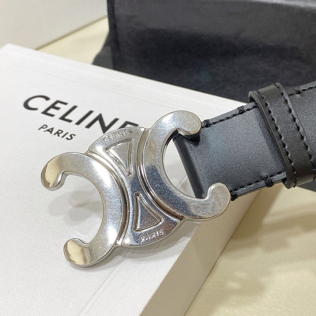 CL LARGE 30 MM TRIOMPHE BELT IN BLACK AND SILVER HARDWARE