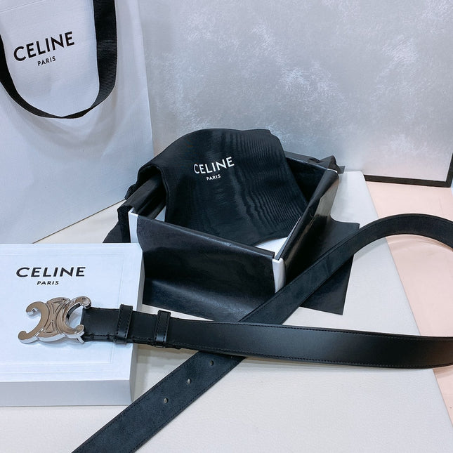 CL LARGE 30 MM TRIOMPHE BELT IN BLACK AND SILVER HARDWARE