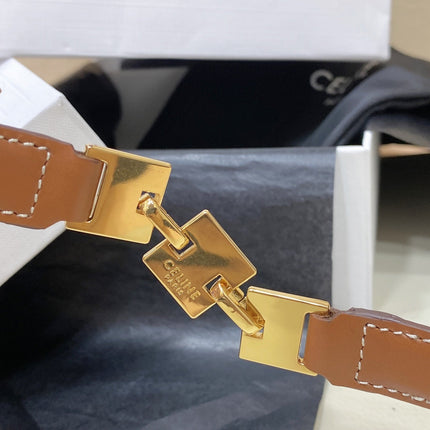 CL SMALL 18 MM SQUARE ADJUSTABLE BELT IN BRONZE BROWN LEATHER GOLD HARDWARE