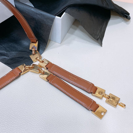 CL SMALL 18 MM SQUARE ADJUSTABLE BELT IN BRONZE BROWN LEATHER GOLD HARDWARE