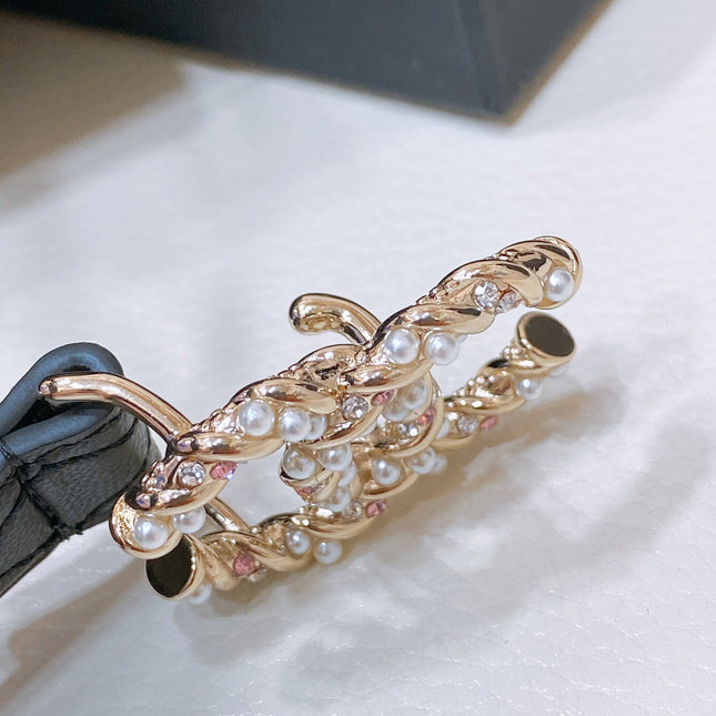 CC BELT 20MM IN BLACK EMBROIDERED CALFSKIN GOLD HARDWARE ATTACH PEARLS