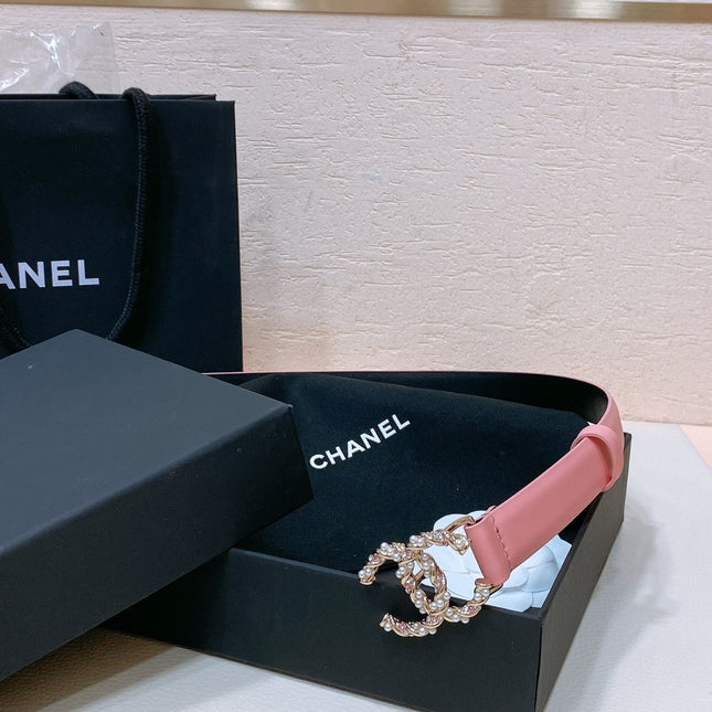 CC BELT 20MM IN SALMON PINK CALFSKIN GOLD HARDWARE ATTACH PEARLS