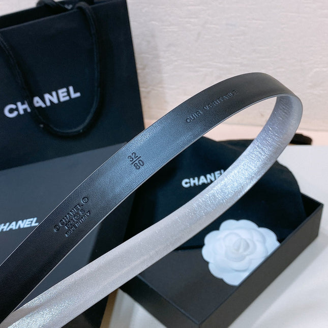 CC BELT 20MM IN SILVER GREY CALFSKIN GOLD HARDWARE ATTACH PEARLS