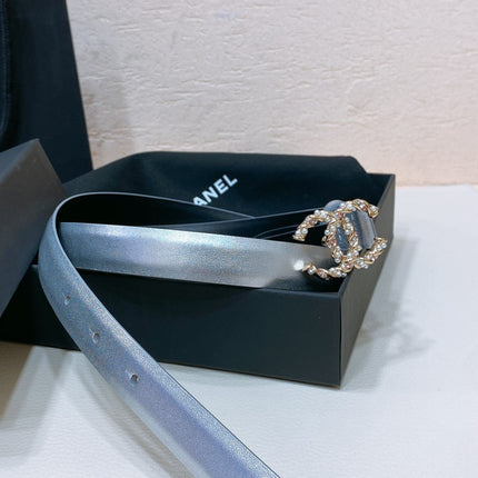 CC BELT 20MM IN SILVER GREY CALFSKIN GOLD HARDWARE ATTACH PEARLS