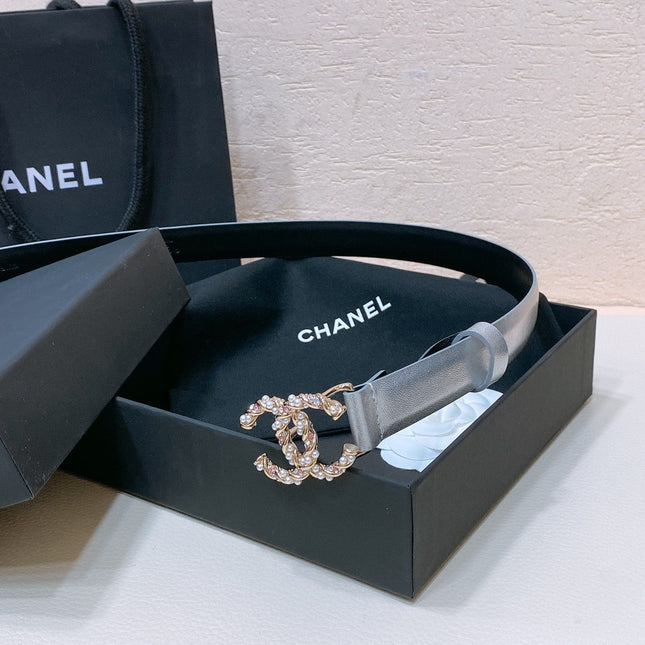 CC BELT 20MM IN SILVER GREY CALFSKIN GOLD HARDWARE ATTACH PEARLS