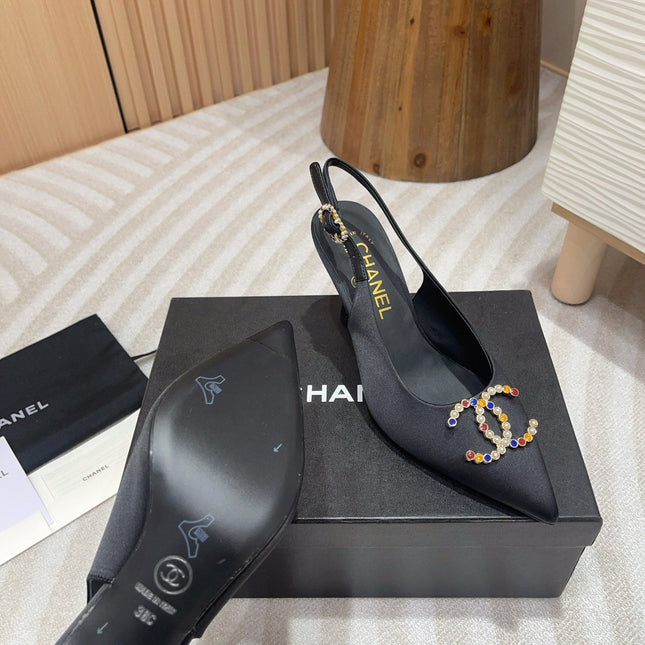 CC HIGH SLINGBACKS BLACK SATIN AND LAMBSKIN