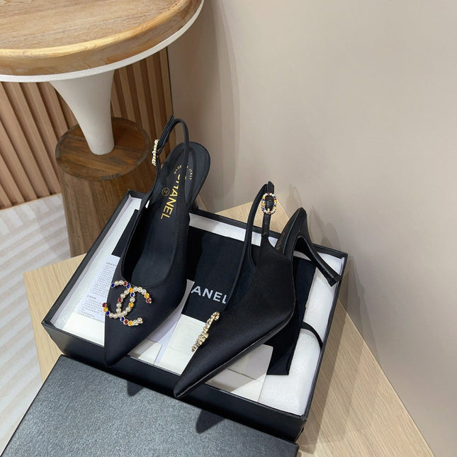 CC HIGH SLINGBACKS BLACK SATIN AND LAMBSKIN