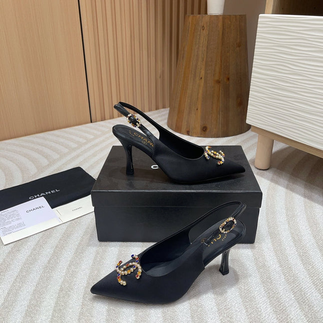 CC HIGH SLINGBACKS BLACK SATIN AND LAMBSKIN