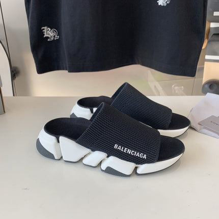 SPEED 2.0 SLIDE SANDAL IN BLACK RECYCLED KNIT AND WHITE SOLE