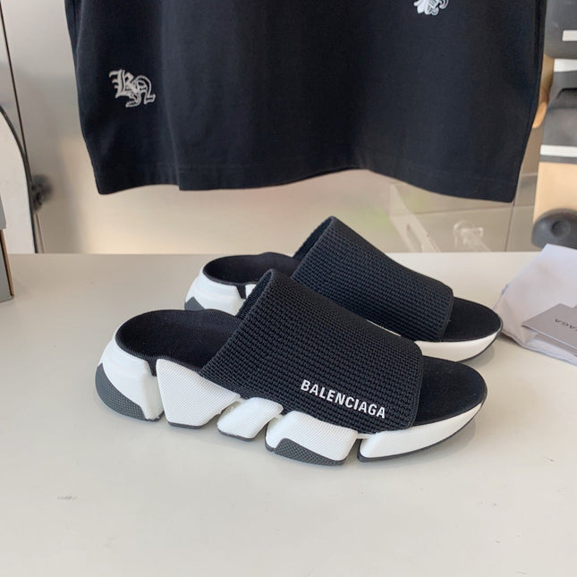SPEED 2.0 SLIDE SANDAL IN BLACK RECYCLED KNIT AND WHITE SOLE