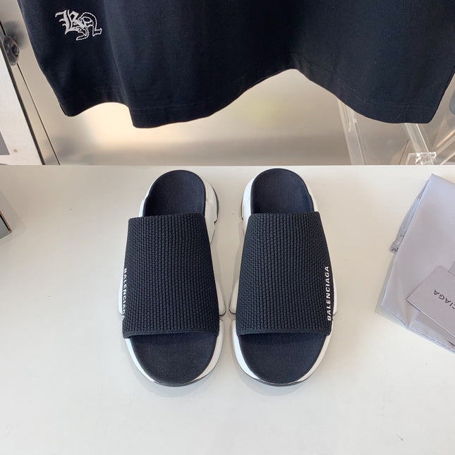 SPEED 2.0 SLIDE SANDAL IN BLACK RECYCLED KNIT AND WHITE SOLE
