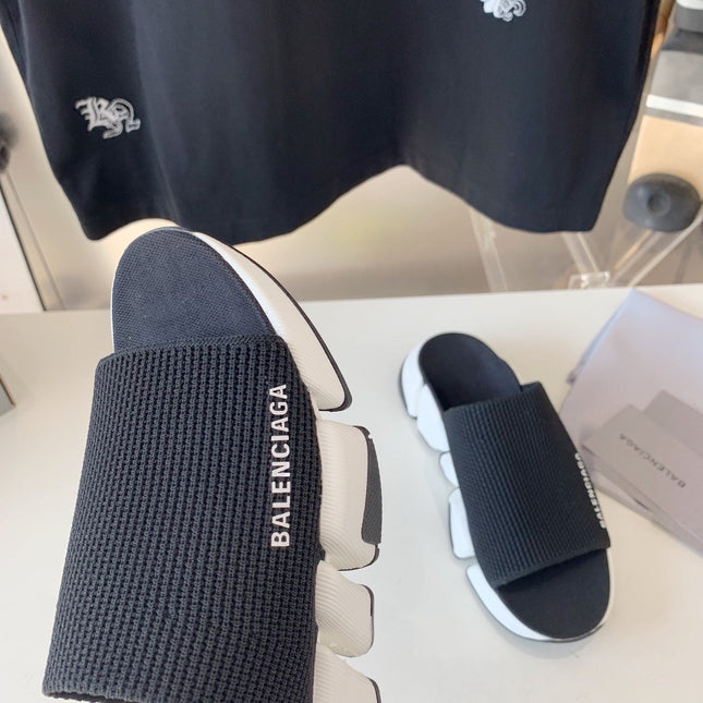 SPEED 2.0 SLIDE SANDAL IN BLACK RECYCLED KNIT AND WHITE SOLE