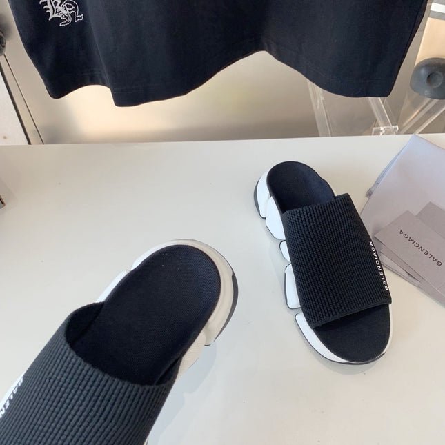 SPEED 2.0 SLIDE SANDAL IN BLACK RECYCLED KNIT AND WHITE SOLE