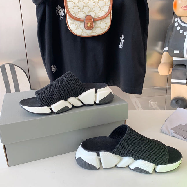 SPEED 2.0 SLIDE SANDAL IN BLACK RECYCLED KNIT AND WHITE SOLE