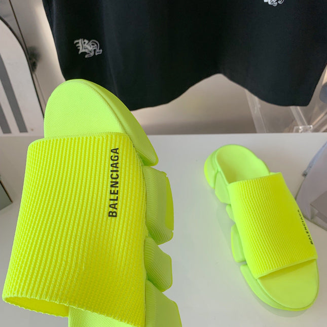 SPEED 2.0 SLIDE SANDAL IN NEON GREEN RECYCLED KNIT