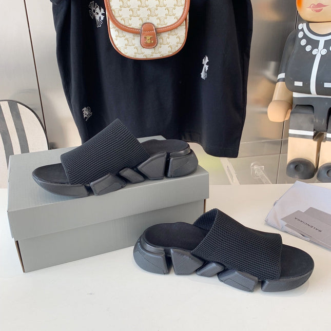 SPEED 2.0 SLIDE SANDAL IN BLACK RECYCLED KNIT AND BLACK SOLE