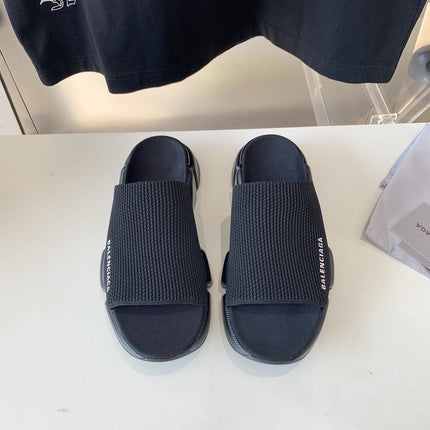 SPEED 2.0 SLIDE SANDAL IN BLACK RECYCLED KNIT AND BLACK SOLE