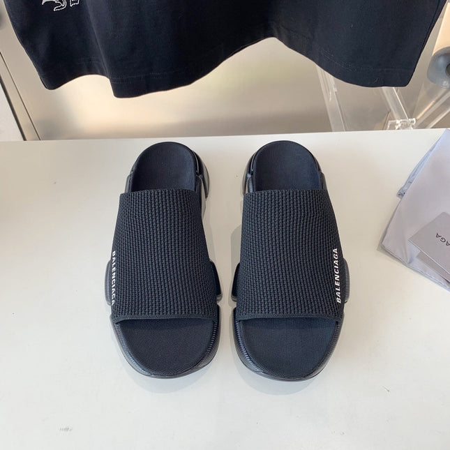 SPEED 2.0 SLIDE SANDAL IN BLACK RECYCLED KNIT AND BLACK SOLE
