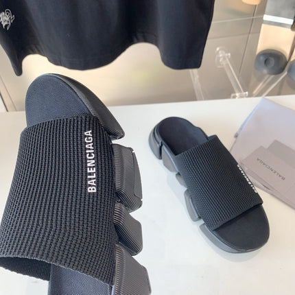 SPEED 2.0 SLIDE SANDAL IN BLACK RECYCLED KNIT AND BLACK SOLE