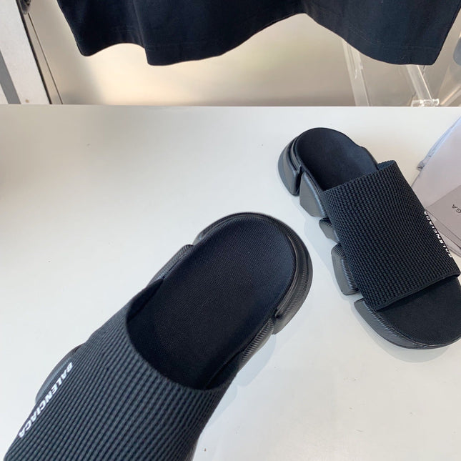 SPEED 2.0 SLIDE SANDAL IN BLACK RECYCLED KNIT AND BLACK SOLE