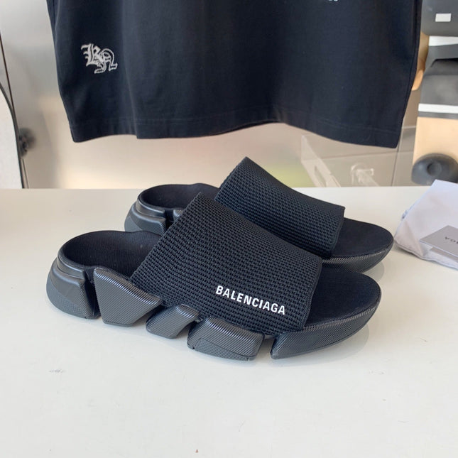 SPEED 2.0 SLIDE SANDAL IN BLACK RECYCLED KNIT AND BLACK SOLE