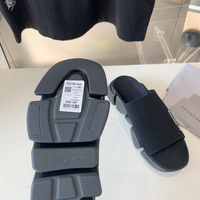 SPEED 2.0 SLIDE SANDAL IN BLACK RECYCLED KNIT AND BLACK SOLE