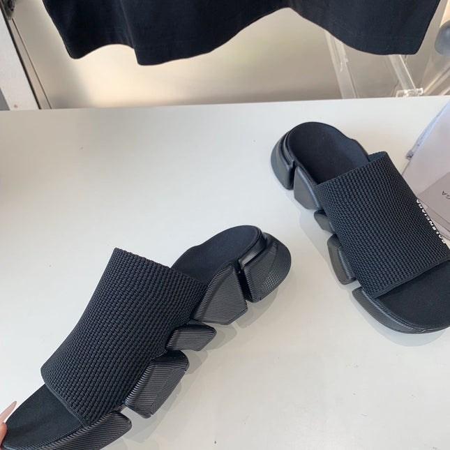SPEED 2.0 SLIDE SANDAL IN BLACK RECYCLED KNIT AND BLACK SOLE