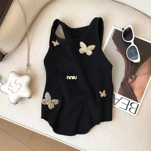 Miu Butterfly Embroidered Ribbed Tank Top