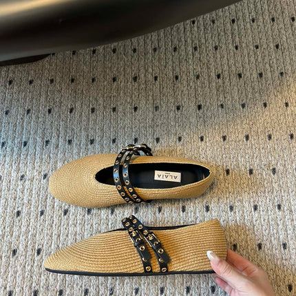 ALAIA MARY JANE SHOES IN BEIGE ZP CUSTOM STRAW AND DENIM