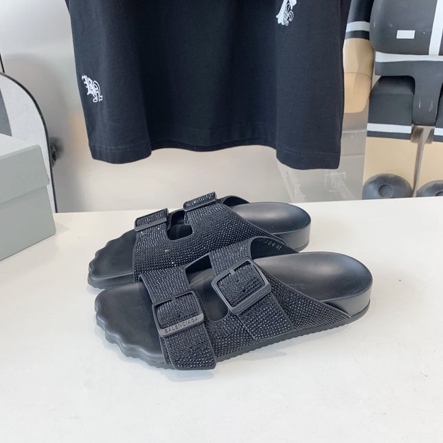 BIRKENSTOCK SLIPPERS ATTACHED RHINESTONES IN BLACK CALFSKIN