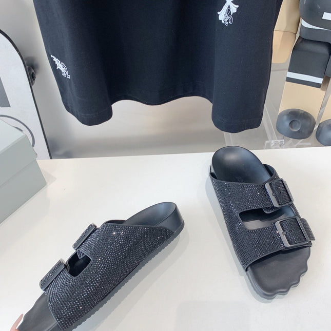 BIRKENSTOCK SLIPPERS ATTACHED RHINESTONES IN BLACK CALFSKIN