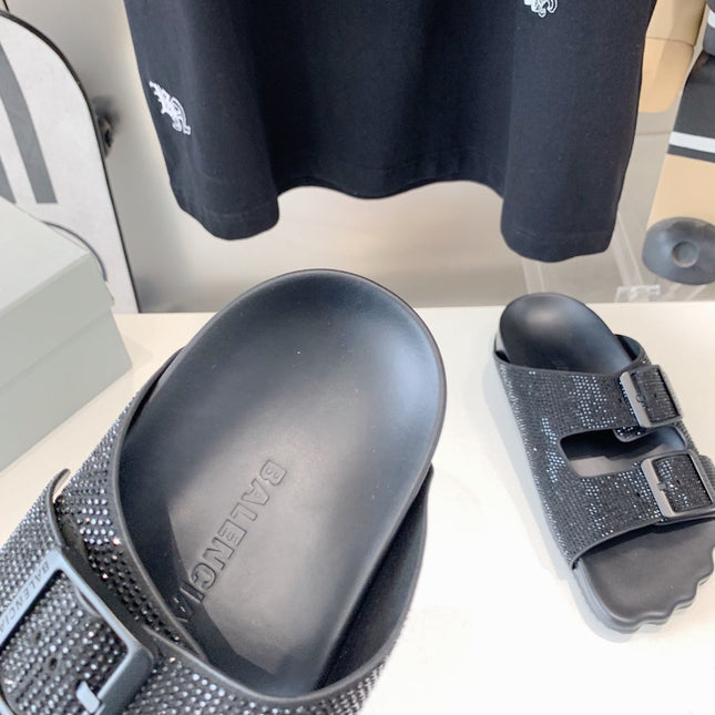 BIRKENSTOCK SLIPPERS ATTACHED RHINESTONES IN BLACK CALFSKIN