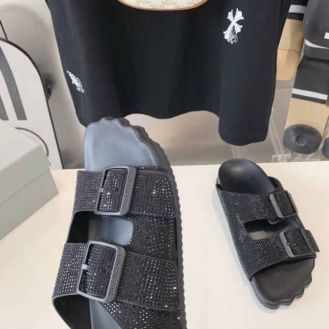 BIRKENSTOCK SLIPPERS ATTACHED RHINESTONES IN BLACK CALFSKIN