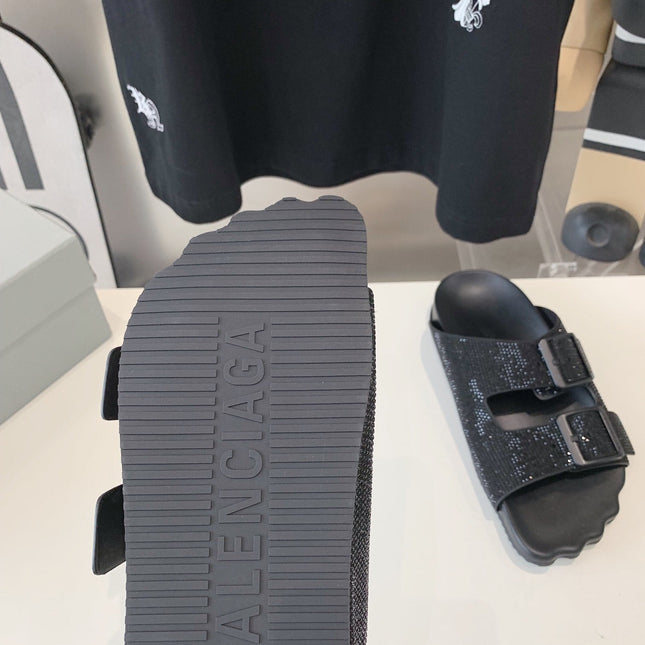 BIRKENSTOCK SLIPPERS ATTACHED RHINESTONES IN BLACK CALFSKIN